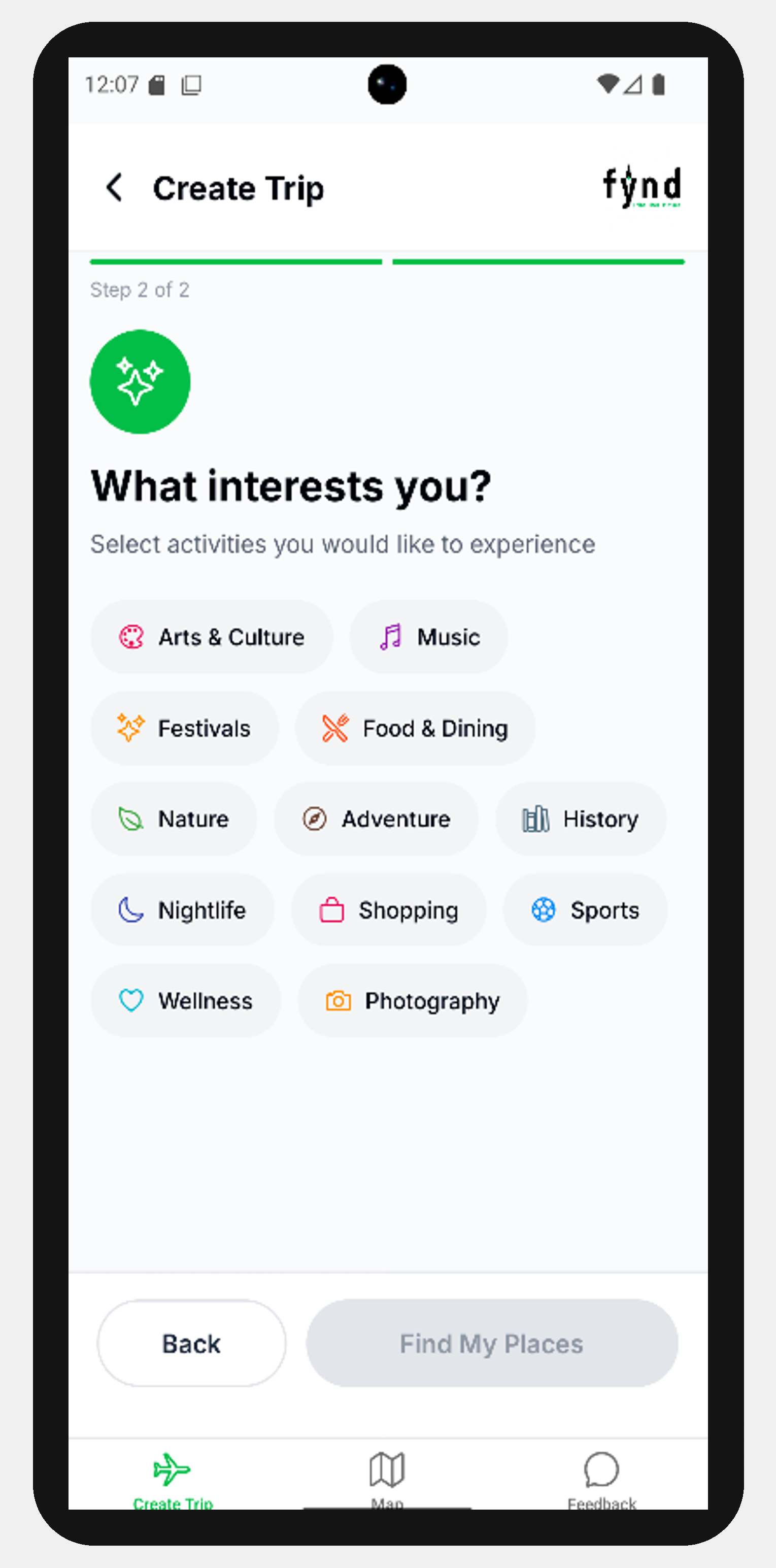 Fynd — Set your location, time, and distance preferences